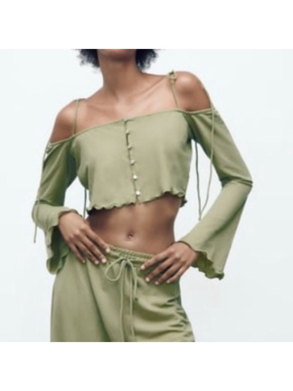 Zara Flowy Tank Top Tie Shoulders Spaghetti Straps Long Sleeve Green Sz M